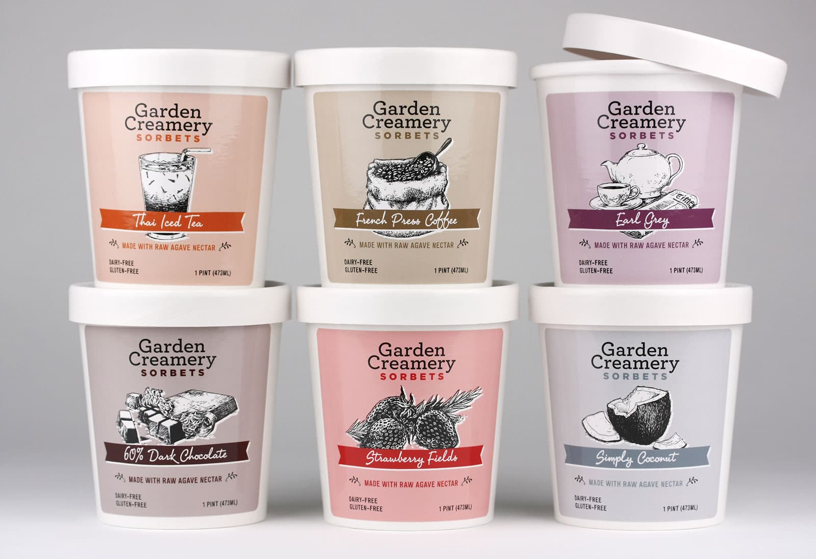 Garden Creamery Sorbets packaging in various flavours designed by Makewell.